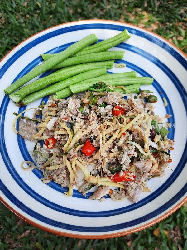 猪肉辣味沙拉(Larb Moo)和青豆-泰国菜。